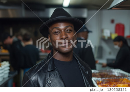 A man in a black hat and leather jacket smiles as he volunteers in a bustling kitchen setting 120538321