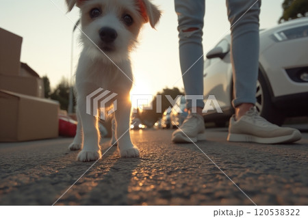 Puppy on the road at sunset, standing beside a person, with warm light casting long shadows 120538322