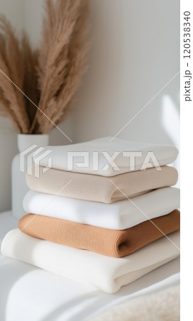 Soft, neutral toned sweaters stacked in a clean, bright setting with sunlight and pampas grass Soft, neutral toned sweaters stacked in a clean, bright setting with sunlight and pampas grass 120538340