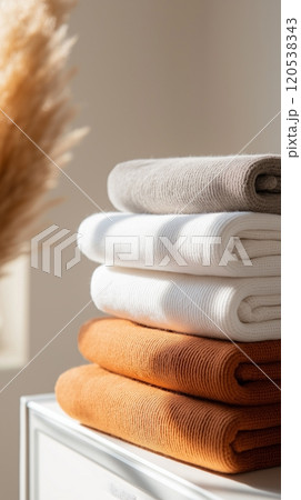 Folded sweaters in white, beige, and orange shades stacked neatly in sunlight on a clean surface 120538343
