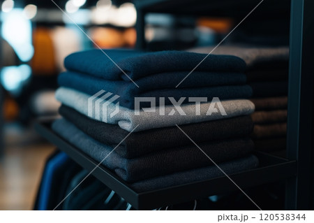 Stacked sweaters in various shades of blue and gray, folded neatly on a dark retail display shelf 120538344