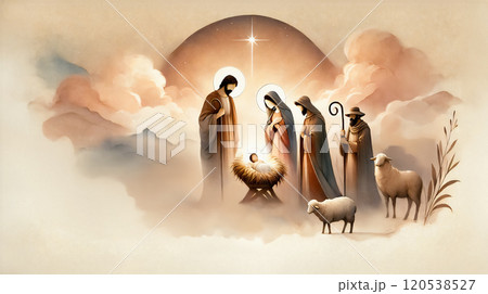 Nativity scene in Bethlehem. Christmas scene. Illustration showing Holy Family baby Jesus in the manger Joseph and Mary. Watercolor painting. Banner Copy space 120538527