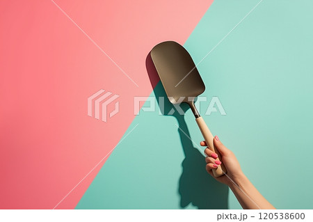 A hand holding a sleek black trowel against a contrasting pink and blue diagonal background 120538600
