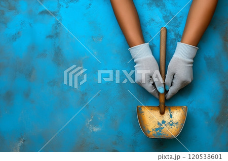 Gloved hands holding a weathered trowel with a wooden handle against a textured blue background 120538601