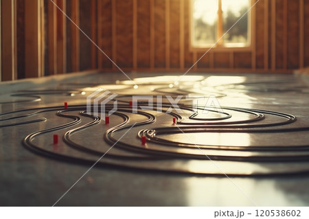 Sunlight streams onto carefully arranged pipes on a concrete floor, highlighting curved paths in a room 120538602