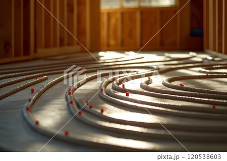 Close up of silver pipes in a wavy pattern across a floor, glowing with morning light through wooden beams 120538603