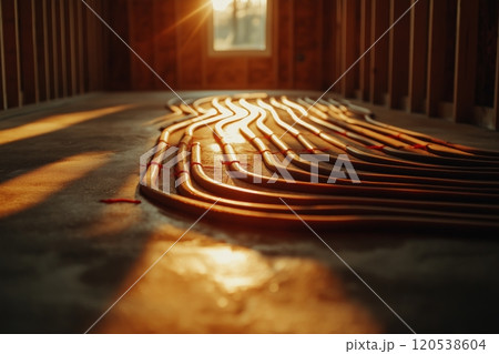 Curved pipes arranged on a concrete floor, illuminated by warm sunlight through a nearby window 120538604