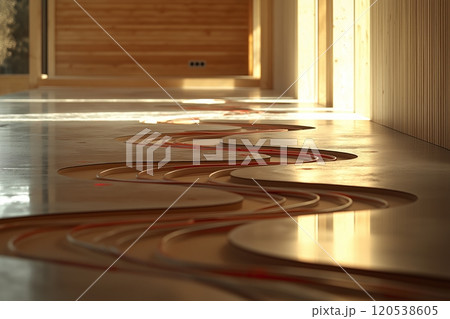 Pipes embedded in the floor form organic, flowing lines, casting gentle shadows in the sunlight 120538605
