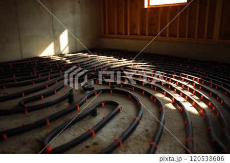 Dark tubing placed in parallel curves across the floor, highlighted by golden sunlight from a window 120538606