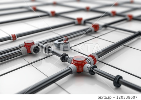 Grid of black pipes connected by red joints, creating a geometric pattern across a tiled surface 120538607