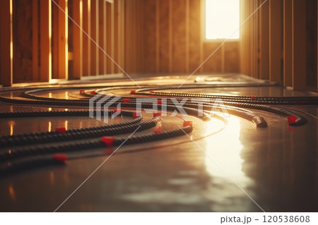 Wavy dark tubing on a smooth floor, stretching across a sunlit, unfinished room with wooden frames 120538608