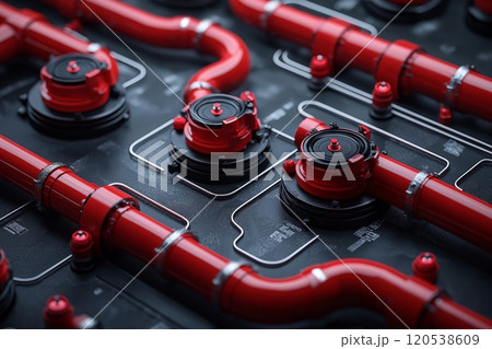 Close up of industrial red pipes with circular black control valves, arranged on a dark textured surface 120538609