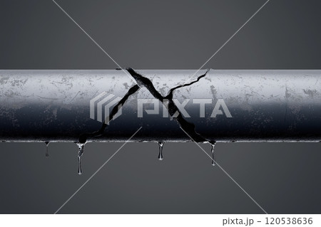 Gray metal pipe with a deep crack, dripping water, showing severe deterioration and damage 120538636