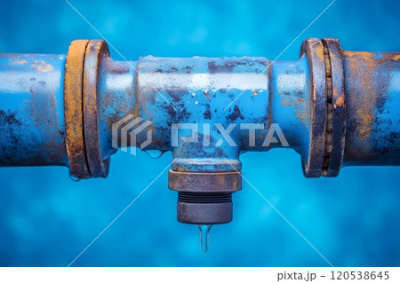 Bright blue pipe with rusty joints and a small drip, standing out against a vibrant blue background Bright blue pipe with rusty joints and a small drip, standing out against a vibrant blue background 120538645
