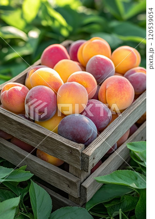Wooden crate filled with colorful apricots, resting among vibrant green foliage in sunlight 120539054