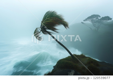 A wind battered palm tree on a cliff, leaning over turbulent ocean waters and surrounded by mist A wind battered palm tree on a cliff, leaning over turbulent ocean waters and surrounded by mist 120539077
