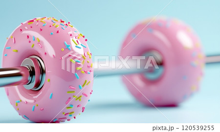 bright dumbbell in pastel colors, where each weight is shaped like a pink donut 120539255