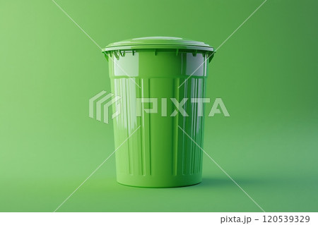 A bright green recycling bin with a domed lid and ribbed texture against a clean green backdrop 120539329