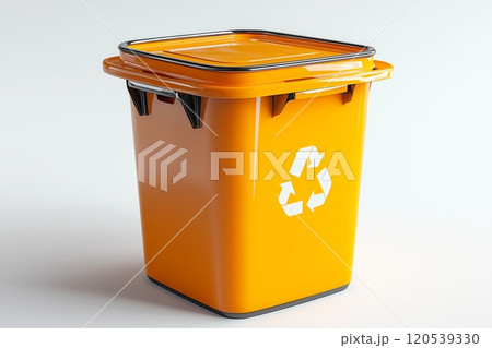 A bright orange recycling bin with a white recycle symbol on the front 120539330