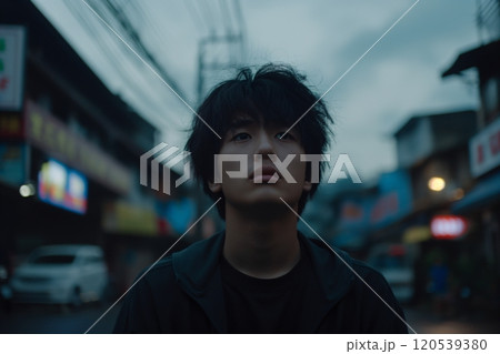 A young man with a pensive look gazes upward on a cloudy day, framed by city streets and buildings 120539380