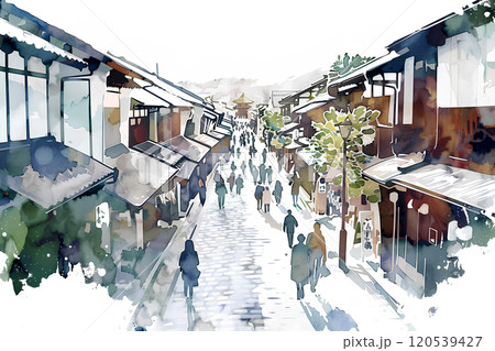 古い宿場町と観光客の水彩画-1 120539427