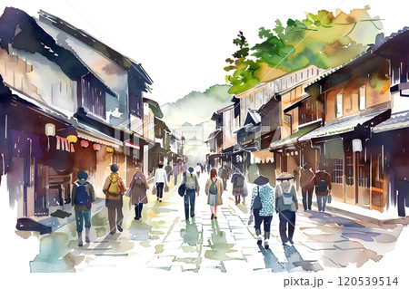 古い宿場町と観光客の水彩画-2 120539514