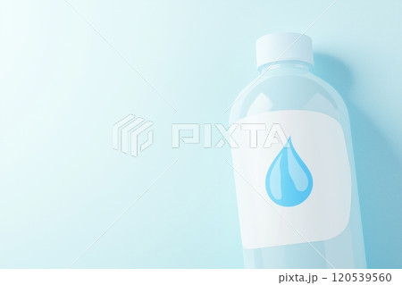 Close up of a light blue water bottle with a smooth, glossy finish and a drop symbol on its label 120539560