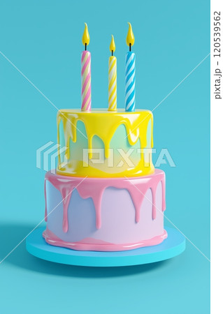 A tiered birthday cake with colorful dripping icing and three lit candles on top 120539562