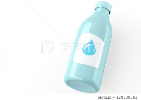 A tilted light blue water bottle with a glossy surface and a water drop icon on its label 120539563