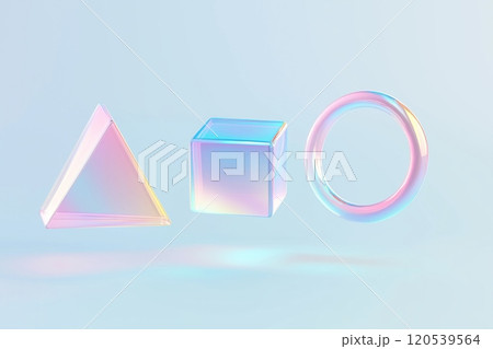A soft pastel triangle, cube, and ring floating, with glossy, reflective iridescent surfaces 120539564