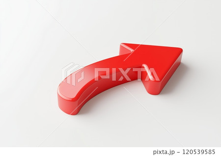 A 3D rendered glossy red arrow with a curved shape pointing upward and to the right 120539585