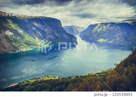 View of the fjords at Stegastein viewpoint in Norway View of the fjords at Stegastein viewpoint in Norway 120539801