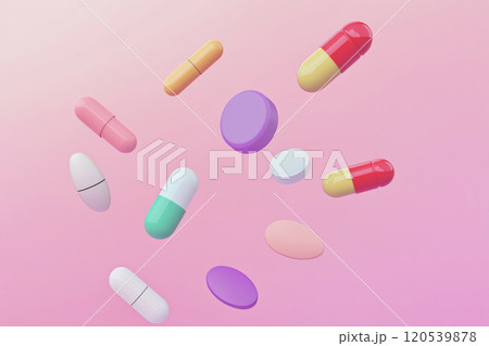 A collection of colorful pills and capsules floating in mid-air on a soft gradient background A collection of colorful pills and capsules floating in mid-air on a soft gradient background 120539878