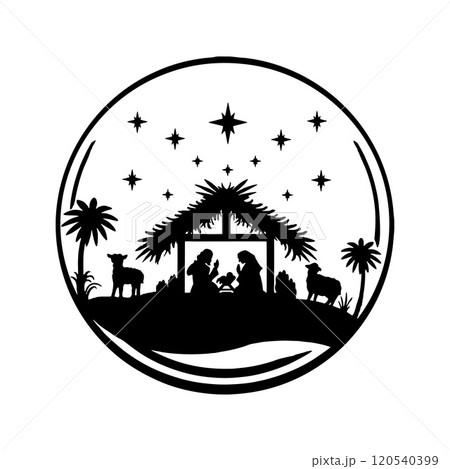 Holy Night silhouette - Nativity scene of baby Jesus silhouette in a manger with Mary and Joseph with the three wise men. Christian Christmas silhouette of animals. Illustration for children. 120540399