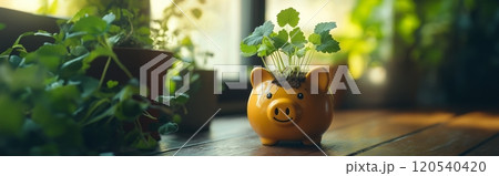 A small smiling piggy bank with a growing plant inside, placed on a wooden table by a window 120540420