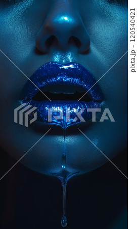 Shiny blue lips with dripping water, highlighted under dramatic lighting, creating a sleek look 120540421