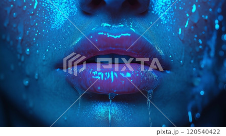 A close up of glossy, wet lips with water droplets reflecting a cool blue light, dripping gently 120540422