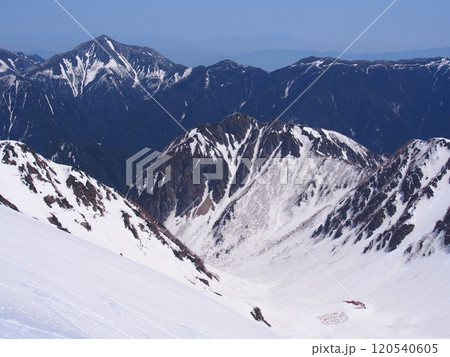奥穂高岳から望む早春の涸沢カールと常念岳 120540605
