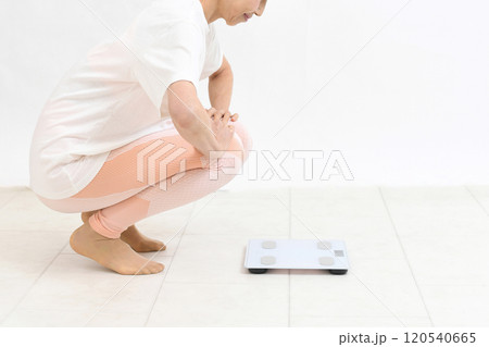 体重計を見つめるアジア人の中年女性 体重計を見つめるアジア人の中年女性 120540665