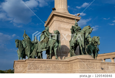 Budapest, Hungary. August 27, 2022. Spectacular shot in Heroes' Square, detail of the equestrian statues. Beautiful summer day. Travel destinations. 120540848