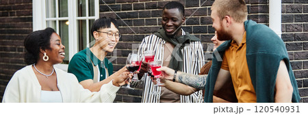 Multiethnic group of cheerful adult friends clinking glasses outdoors celebrating holidays at house party Multiethnic group of cheerful adult friends clinking glasses outdoors celebrating holidays at house party 120540931