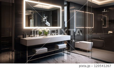 Modern Black and White Bathroom with Glass Shower Enclosure 120541267