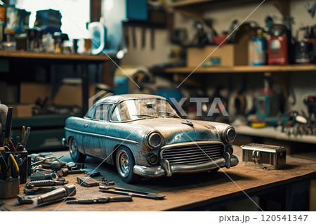Vintage Car Piggy Bank on Garage Workbench for Restoration Savings Concept 120541347