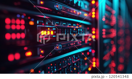 Close-Up of Illuminated Server Rack in Data Center Technology and Innovation Design 120541348