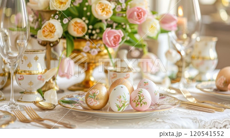 Luxurious Easter Feast Table Setting with Elegant Painted Eggs and Floral Centerpiece 120541552