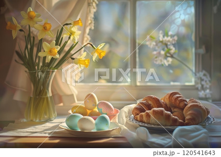 Elegant Easter Brunch Setting with Pastel Eggs and Blooming Daffodils in Morning Light Elegant Easter Brunch Setting with Pastel Eggs and Blooming Daffodils in Morning Light 120541643