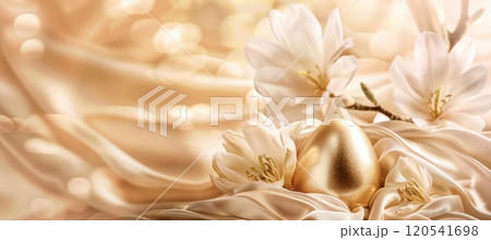 Elegant Easter Banner with Golden Egg and Silk Background for Luxurious Card Design 120541698
