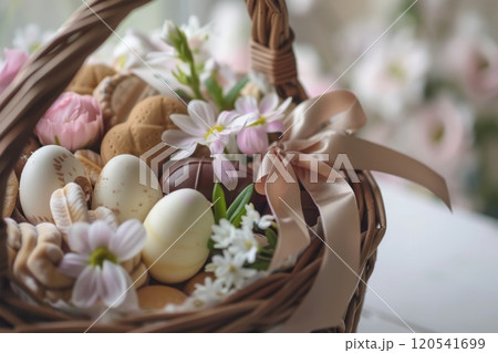 Luxuriously Wrapped Easter Gift Basket with Chocolate Eggs and Spring Flowers 120541699