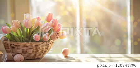 Serene Easter Scene with Tulips and Pastel Eggs for Spring Decor and Celebrations 120541700
