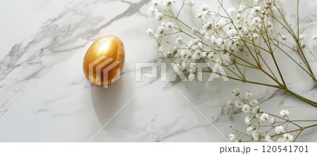 Minimalist Easter Card Design with Golden Egg on Marble and Floral Accents 120541701